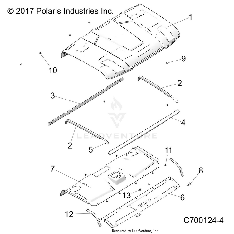 An Image of a Genuine Polaris Parts Schematic Diagram showing the schematic - BODY: ROOF - 2019 POLARIS RANGER XP 1000 EPS NORTHSTAR
