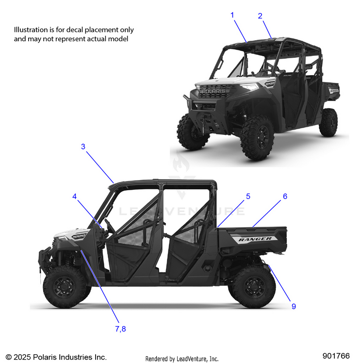 An Image of a Genuine Polaris Parts Schematic Diagram showing the schematic - BODY: DECALS GENERAL - 2026 POLARIS RANGER 1000 CREW EPS