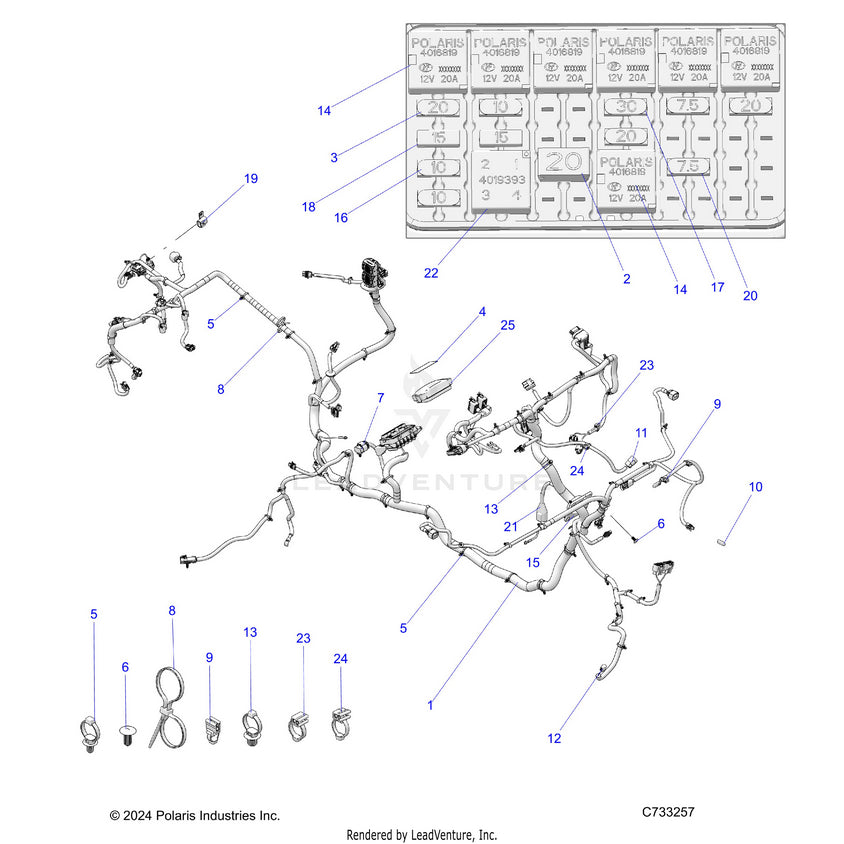 An Image of a Genuine Polaris Parts Schematic Diagram showing the schematic - ELECTRICAL: WIRE HARNESS - 2025 POLARIS RANGER 1000 XP PREMIUM