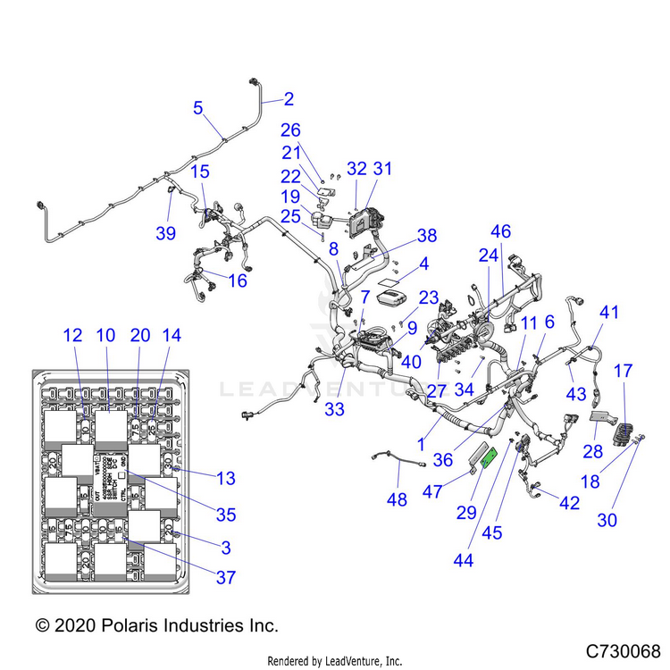 An Image of a Genuine Polaris Parts Schematic Diagram showing the schematic - ELECTRICAL: WIRE HARNESS - 2021 POLARIS RANGER XP 1000 BIG GAME EVAP