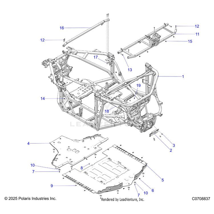 An Image of a Genuine Polaris Parts Schematic Diagram showing the schematic - CHASSIS: MAIN FRAME AND SKID PLATES - 2026 POLARIS XPEDITION ADV NORTHSTAR