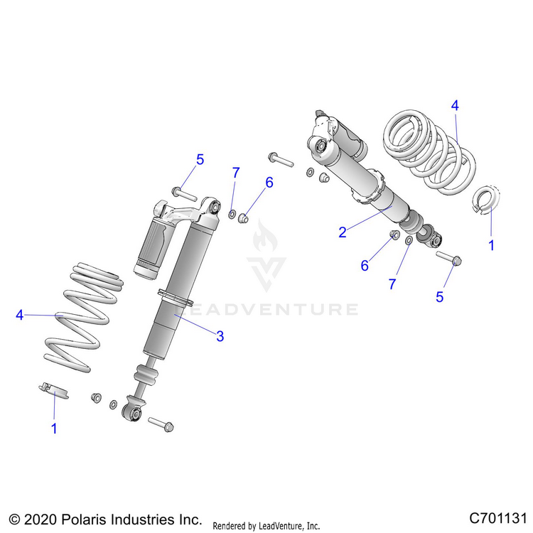 An Image of a Genuine Polaris Parts Schematic Diagram showing the schematic - SUSPENSION: FRONT SHOCK MOUNTING - 2022 POLARIS GENERAL 4 1000 DELUXE RIDE COMMAND
