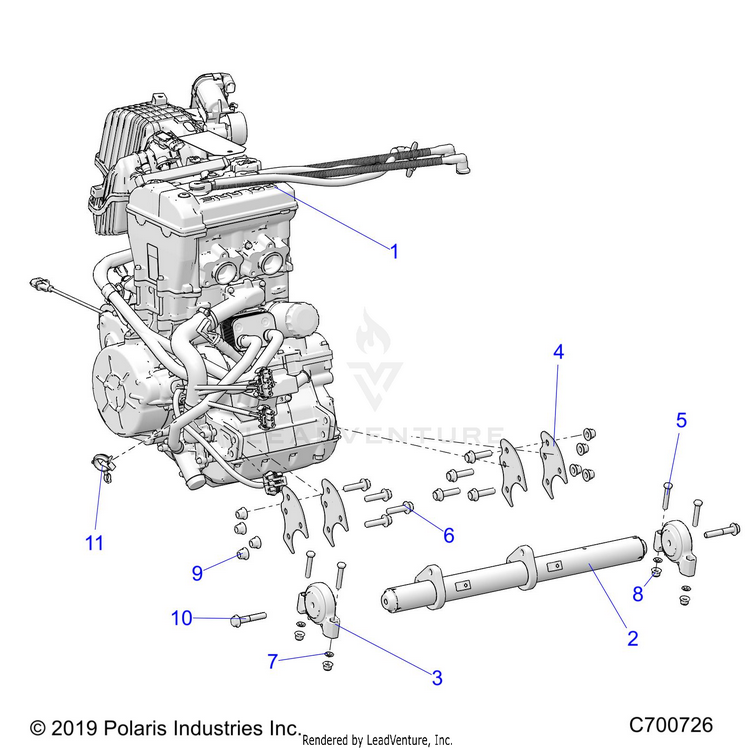 An Image of a Genuine Polaris Parts Schematic Diagram showing the schematic - ENGINE: MOUNTING & LONG BLOCK - 2020 POLARIS RANGER XP 1000 BACK COUNTRY FACTORY CHOICE