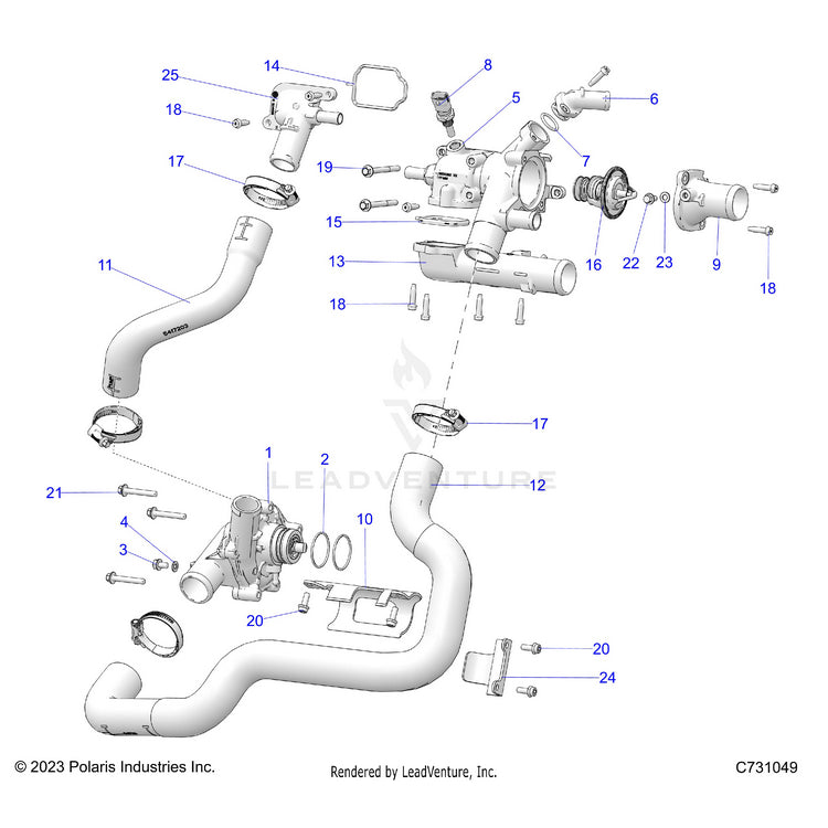An Image of a Genuine Polaris Parts Schematic Diagram showing the schematic - ENGINE: COOLANT PUMP & THERMOSTAT - 2024 POLARIS RANGER XD 1500 NORTHSTAR CREW