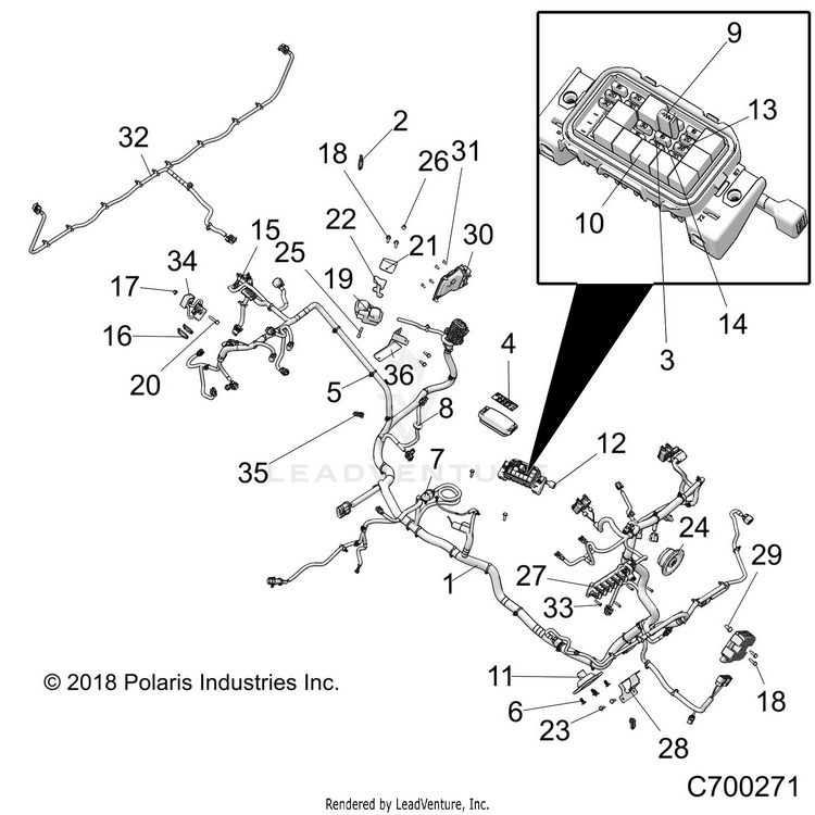 An Image of a Genuine Polaris Parts Schematic Diagram showing the schematic - ELECTRICAL: WIRE HARNESS - 2019 POLARIS RANGER XP 1000 EPS NORTHSTAR