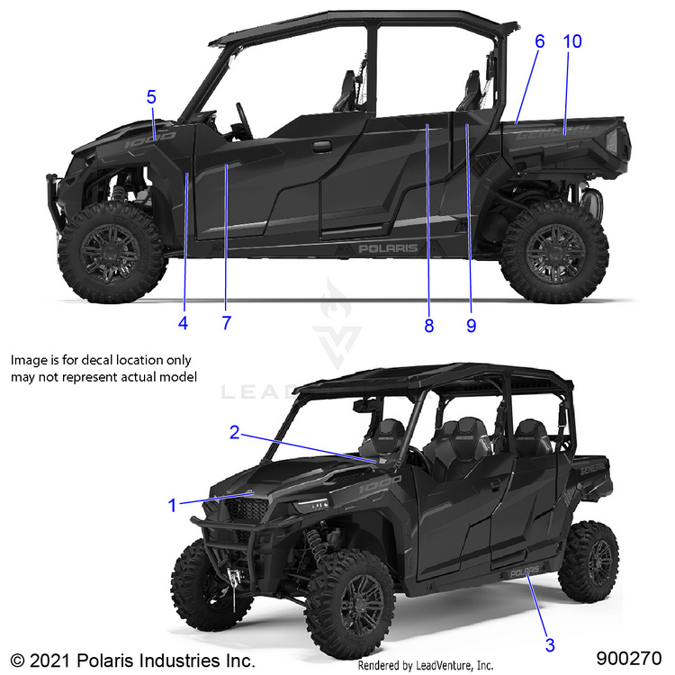 An Image of a Genuine Polaris Parts Schematic Diagram showing the schematic - BODY: DECALS - 2022 POLARIS GENERAL 4 1000 DELUXE RIDE COMMAND