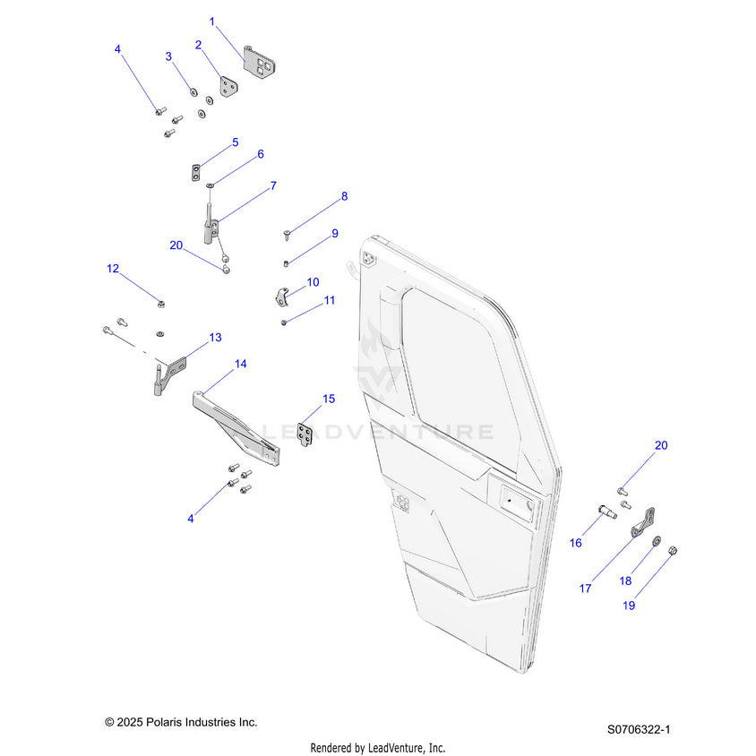 An Image of a Genuine Polaris Parts Schematic Diagram showing the schematic - BODY: DOOR FRONT MOUNTING - 2026 POLARIS RANGER 570 CREW NORTHSTAR