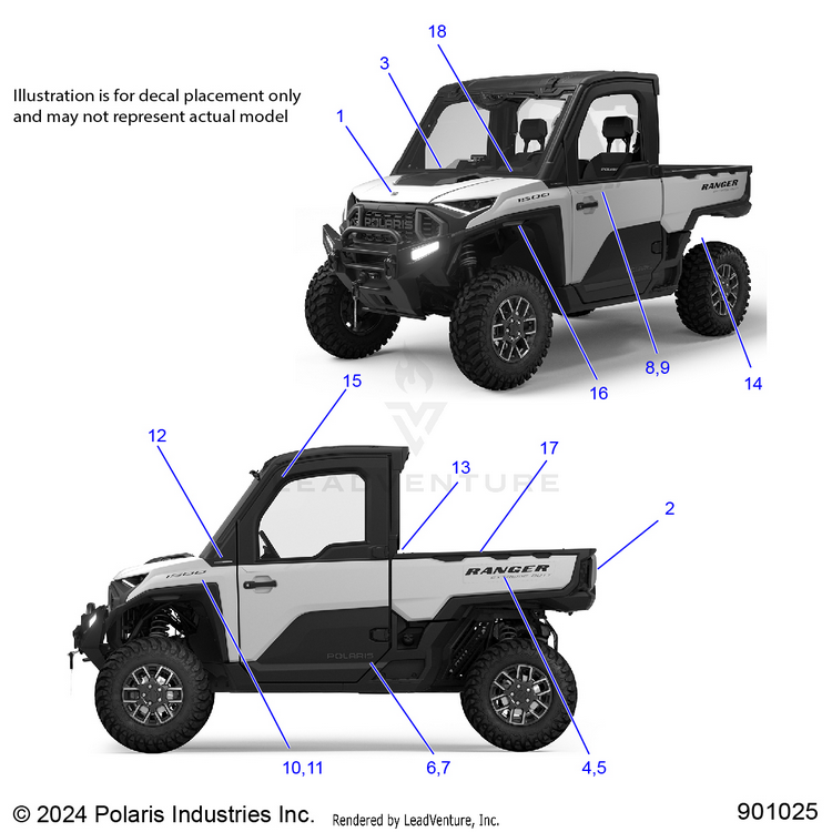 An Image of a Genuine Polaris Parts Schematic Diagram showing the schematic - BODY: DECALS - 2025 POLARIS RANGER XD 1500 NORTHSTAR ULTIMATE