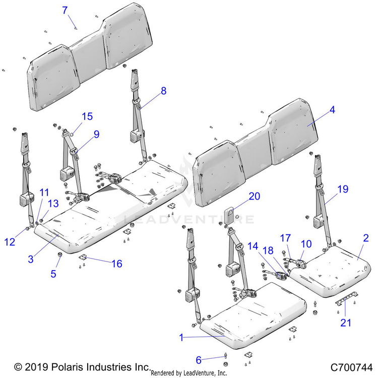 An Image of a Genuine Polaris Parts Schematic Diagram showing the schematic - BODY: SEATS - 2020 POLARIS RANGER CREW 1000 EPS FULL SIZE
