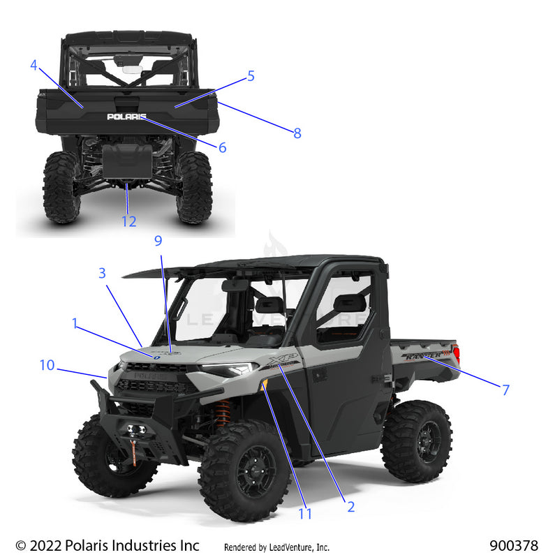 An Image of a Genuine Polaris Parts Schematic Diagram showing the schematic - BODY: DECALS - 2022 POLARIS RANGER XP 1000 NORTHSTAR ULTIMATE TRAIL BOSS