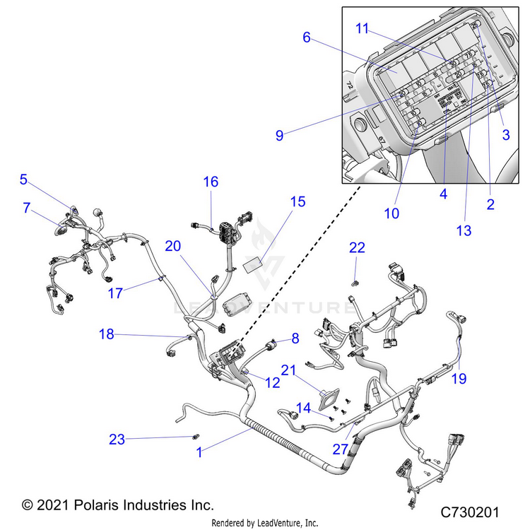 An Image of a Genuine Polaris Parts Schematic Diagram showing the schematic - ELECTRICAL: WIRE HARNESS - 2021 POLARIS RANGER 1000 EPS FULL SIZE