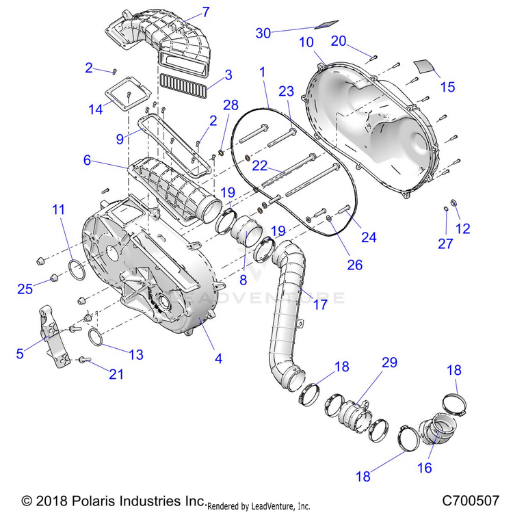 An Image of a Genuine Polaris Parts Schematic Diagram showing the schematic - DRIVE TRAIN: CLUTCH COVER & DUCTING - 2021 POLARIS RANGER CREW XP 1000 NORTHSTAR ULTIMATE