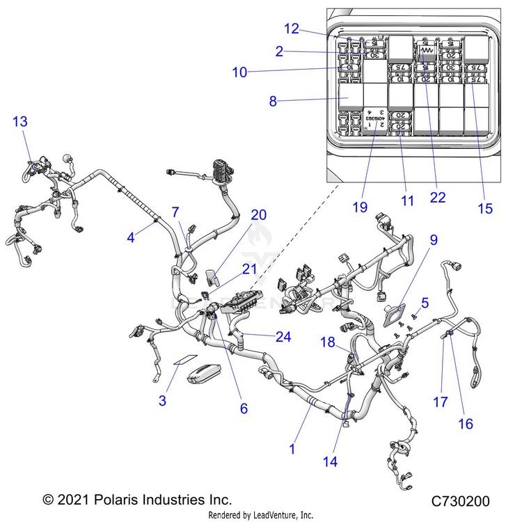 An Image of a Genuine Polaris Parts Schematic Diagram showing the schematic - ELECTRICAL: WIRE HARNESS - 2022 POLARIS RANGER XP 1000 NORTHSTAR ULTIMATE TRAIL BOSS