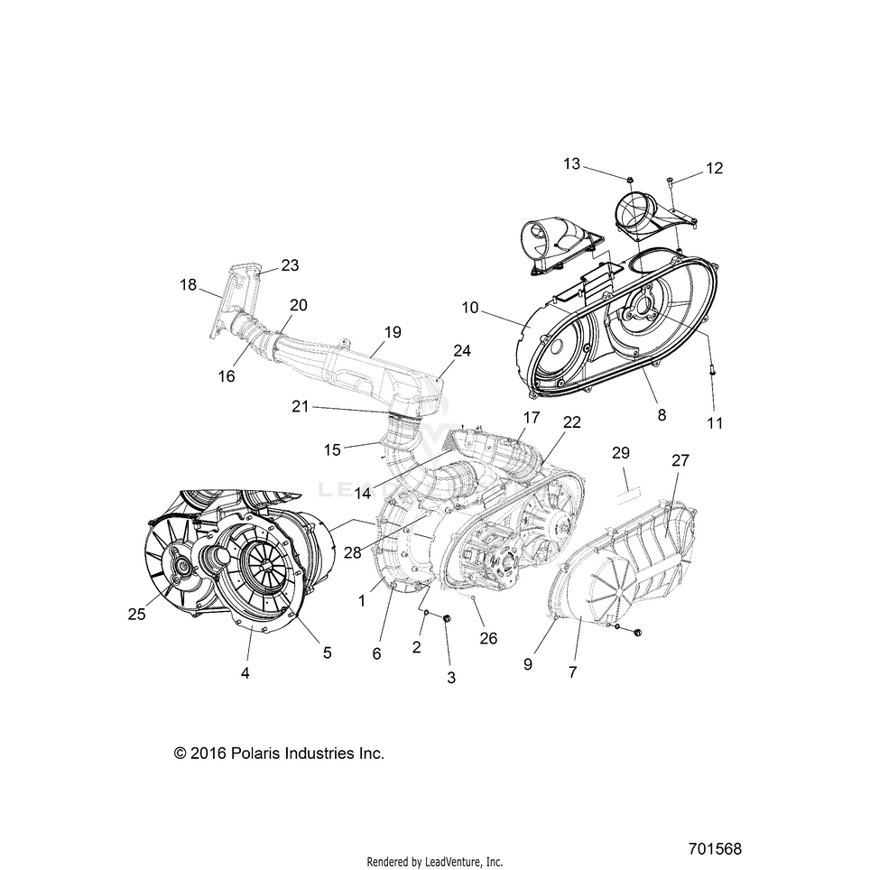 An Image of a Genuine Polaris Parts Schematic Diagram showing the schematic - BODY: CLUTCH COVER & DUCTING - 2017 POLARIS RANGER 1000 DIESEL