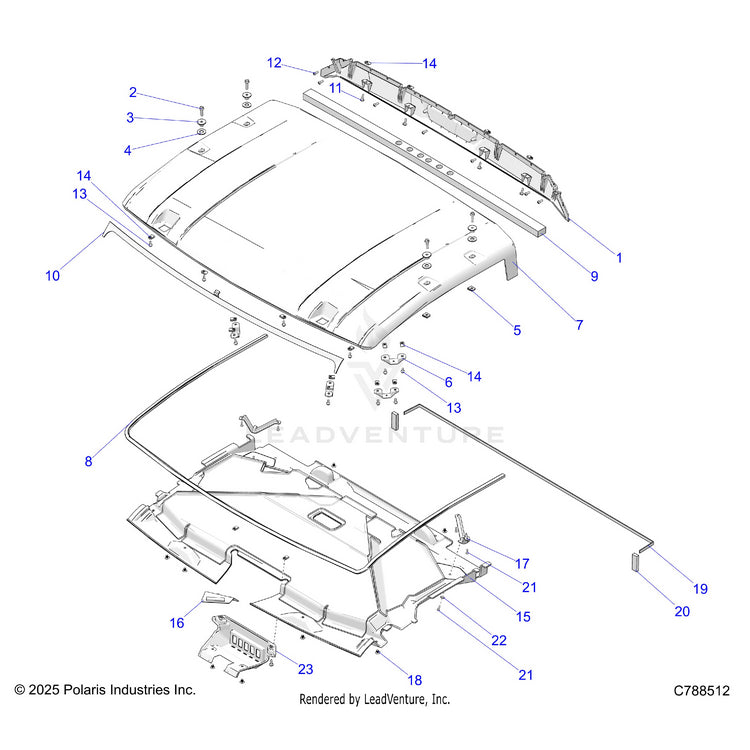 An Image of a Genuine Polaris Parts Schematic Diagram showing the schematic - BODY: ROOF - 2026 POLARIS RANGER XD 1500 NORTHSTAR