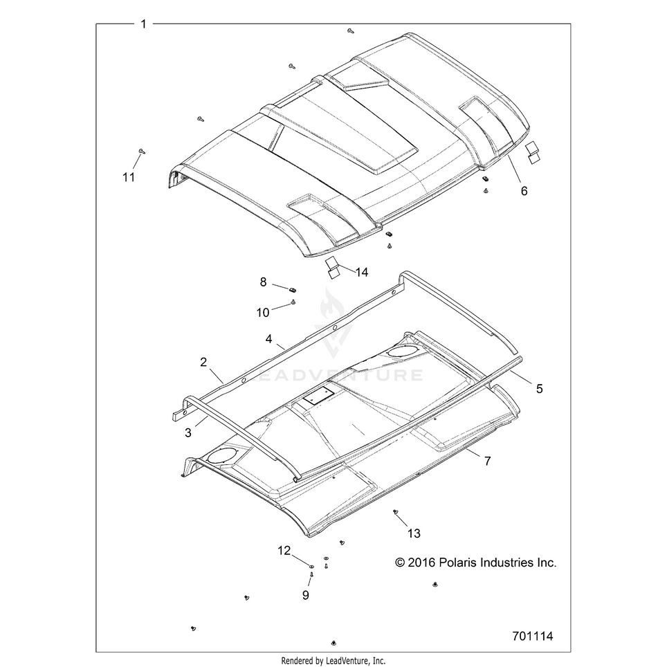 An Image of a Genuine Polaris Parts Schematic Diagram showing the schematic - BODY: ROOF - 2017 POLARIS RANGER XP 1000