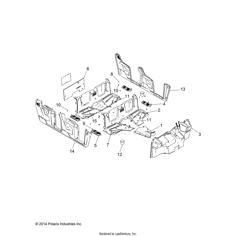 An Image of a Genuine Polaris Parts Schematic Diagram showing the schematic - BODY: FRONT FLOOR & FENDERS - 2015 POLARIS RANGER CREW 570 EFI