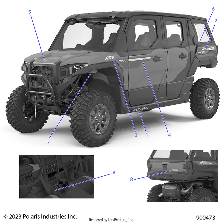 An Image of a Genuine Polaris Parts Schematic Diagram showing the schematic - BODY: DECALS GRAPHICS (2) - 2024 POLARIS XPEDITION ADV 5 NORTHSTAR