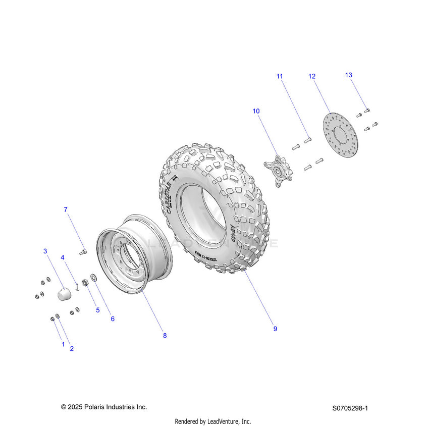 An Image of a Genuine Polaris Parts Schematic Diagram showing the schematic - WHEELS: FRONT - 2026 POLARIS RANGER 570 CREW