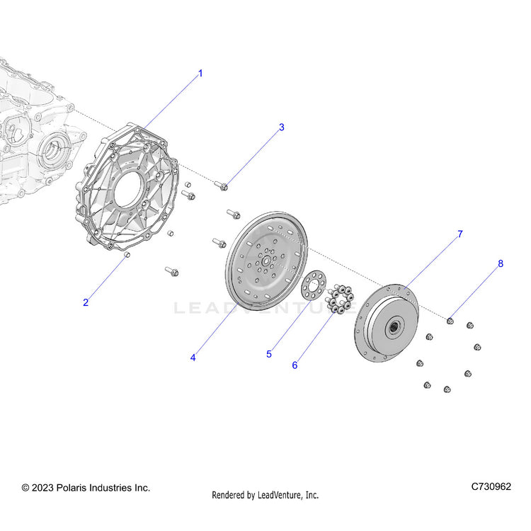 An Image of a Genuine Polaris Parts Schematic Diagram showing the schematic - ENGINE: TRANSMISSION ADAPTOR & FLEX PLATE - 2026 POLARIS RANGER XD 1500 NORTHSTAR ULTIMATE