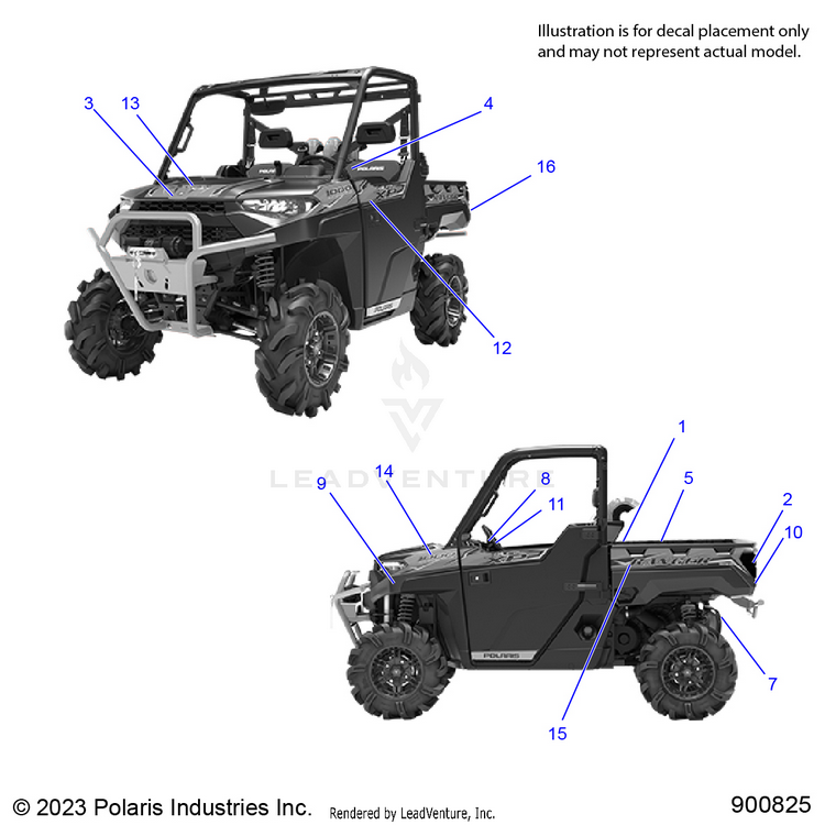 An Image of a Genuine Polaris Parts Schematic Diagram showing the schematic - BODY: DECALS - 2019 POLARIS RANGER XP 1000 EPS HIGH LIFTER
