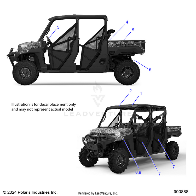 An Image of a Genuine Polaris Parts Schematic Diagram showing the schematic - BODY: DECALS GENERAL - 2025 POLARIS RANGER 1000 XP CREW WATERFOWL