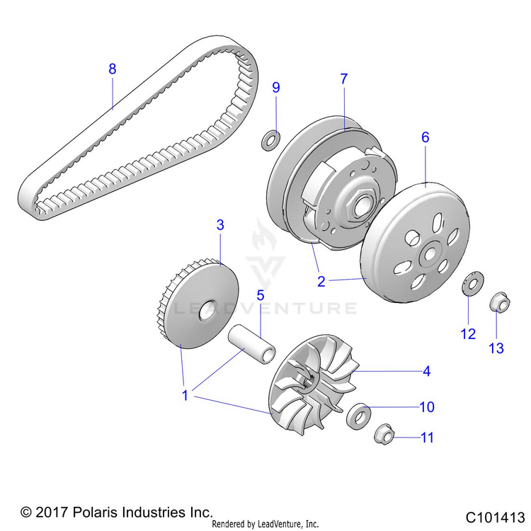An Image of a Genuine Polaris Parts Schematic Diagram showing the schematic - DRIVE TRAIN: PRIMARY CLUTCH - 2018 POLARIS RANGER 150 EFI