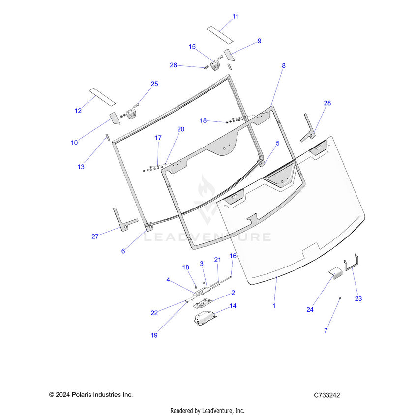 An Image of a Genuine Polaris Parts Schematic Diagram showing the schematic - BODY: WINDSHIELD FIXED - 2025 POLARIS RANGER 1000 XP CREW NORTHSTAR PREMIUM
