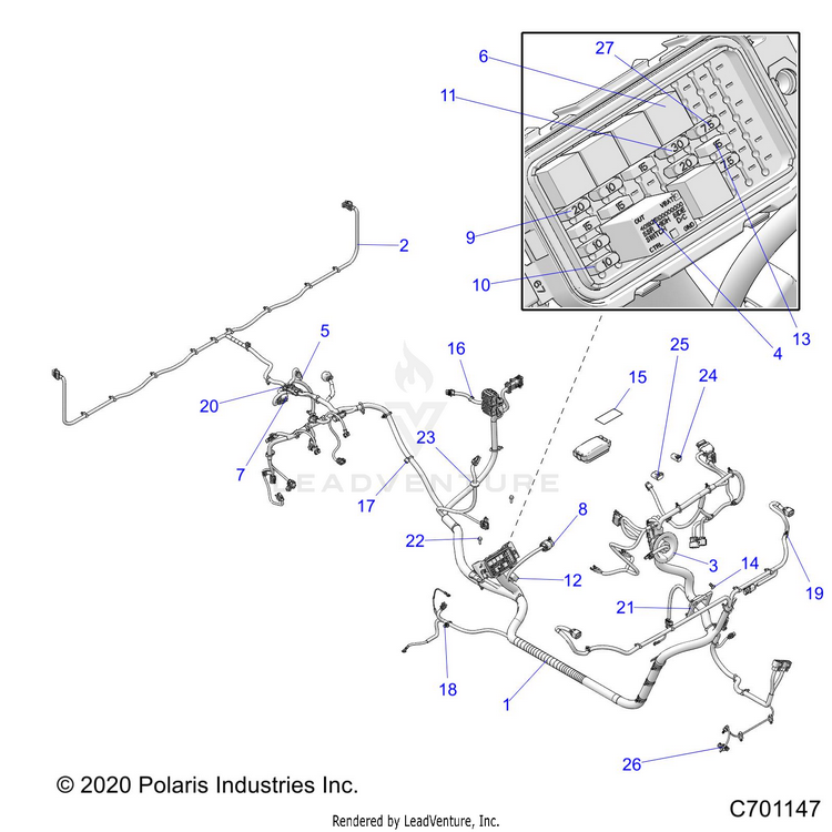 An Image of a Genuine Polaris Parts Schematic Diagram showing the schematic - ELECTRICAL: WIRE HARNESS - 2022 POLARIS RANGER 1000 FULL SIZE