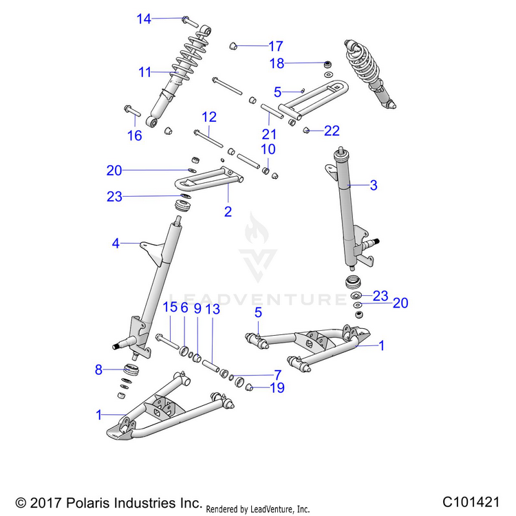An Image of a Genuine Polaris Parts Schematic Diagram showing the schematic - SUSPENSION: FRONT - 2019 POLARIS RANGER 150 EFI