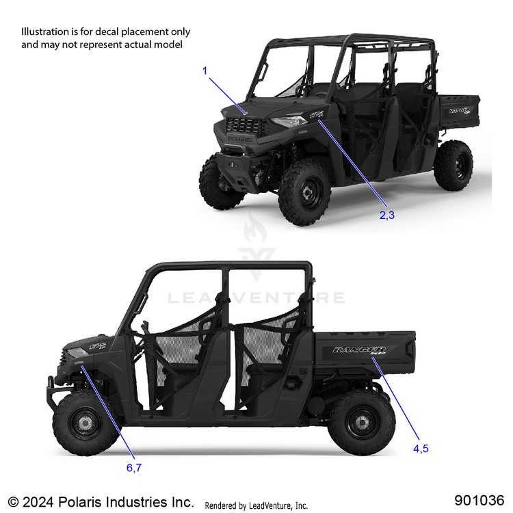 An Image of a Genuine Polaris Parts Schematic Diagram showing the schematic - BODY: DECALS GRAPHIC - 2025 POLARIS RANGER 570 CREW