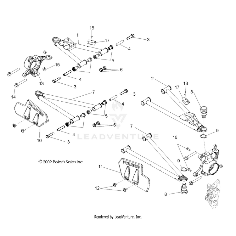 An Image of a Genuine Polaris Parts Schematic Diagram showing the schematic - SUSPENSION: FRONT CONTROL ARMS - 2016 POLARIS RANGER 800 6X6
