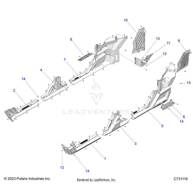 An Image of a Genuine Polaris Parts Schematic Diagram showing the schematic - BODY: REAR FENDERS & ROCKERS - 2024 POLARIS RANGER XD 1500 NORTHSTAR CREW