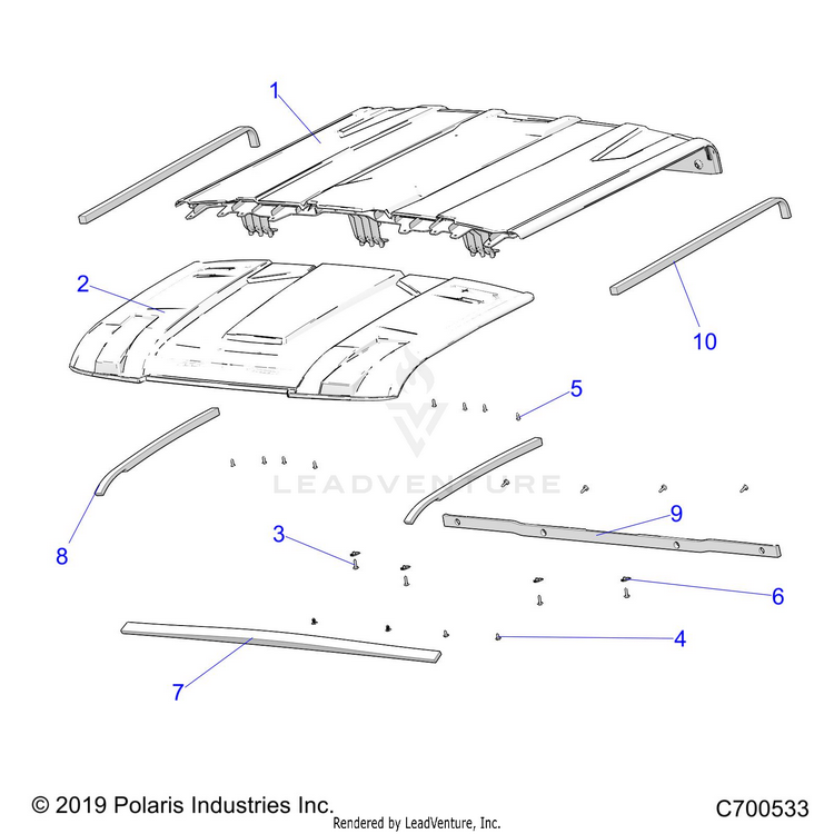 An Image of a Genuine Polaris Parts Schematic Diagram showing the schematic - BODY: ROOF (SPORT) - 2019 POLARIS RANGER CREW XP 1000 49S FACTORY CHOICE