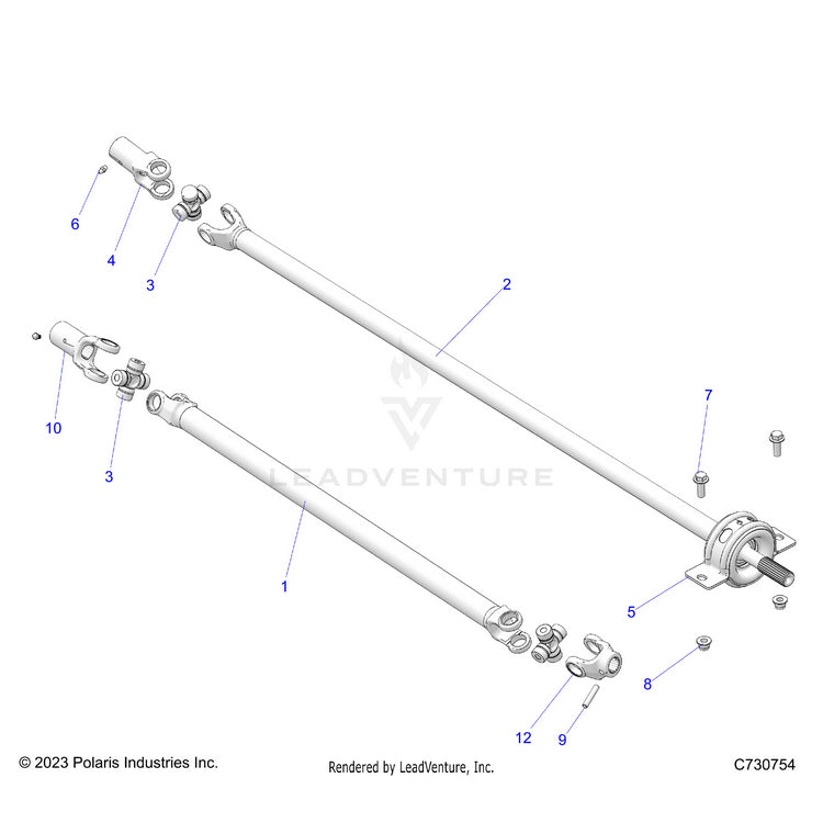 An Image of a Genuine Polaris Parts Schematic Diagram showing the schematic - DRIVE TRAIN: FRONT & REAR PROP SHAFT - 2024 POLARIS RANGER 570 CREW FULL SIZE