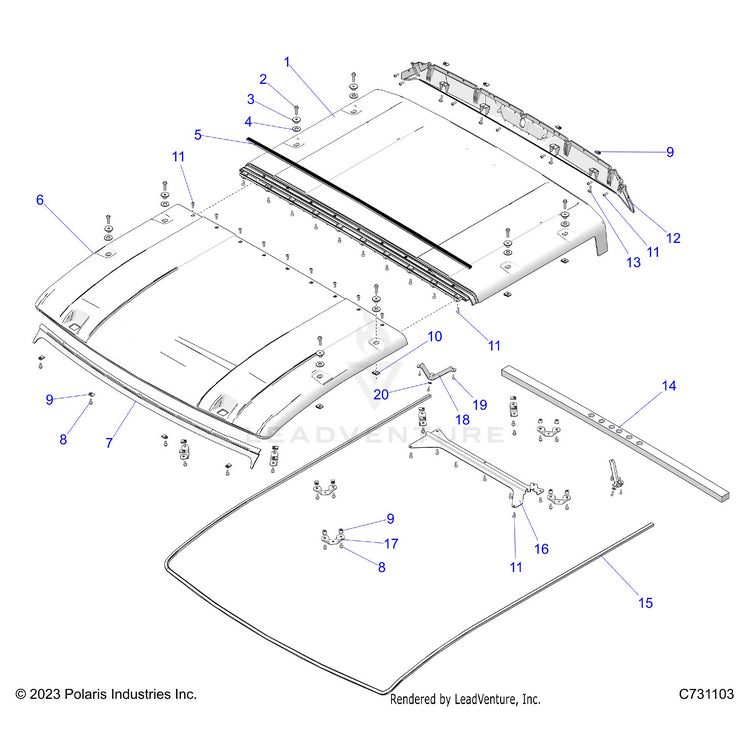 An Image of a Genuine Polaris Parts Schematic Diagram showing the schematic - BODY: ROOF - 2025 POLARIS RANGER XD 1500 NORTHSTAR CREW