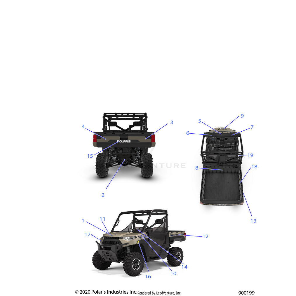 An Image of a Genuine Polaris Parts Schematic Diagram showing the schematic - BODY: DECALS - 2021 POLARIS RANGER XP 1000 RIDE COMMAND