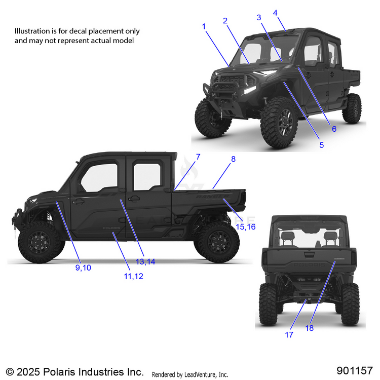 An Image of a Genuine Polaris Parts Schematic Diagram showing the schematic - BODY: DECALS - 2026 POLARIS RANGER XD 1500 NORTHSTAR ULTIMATE CREW