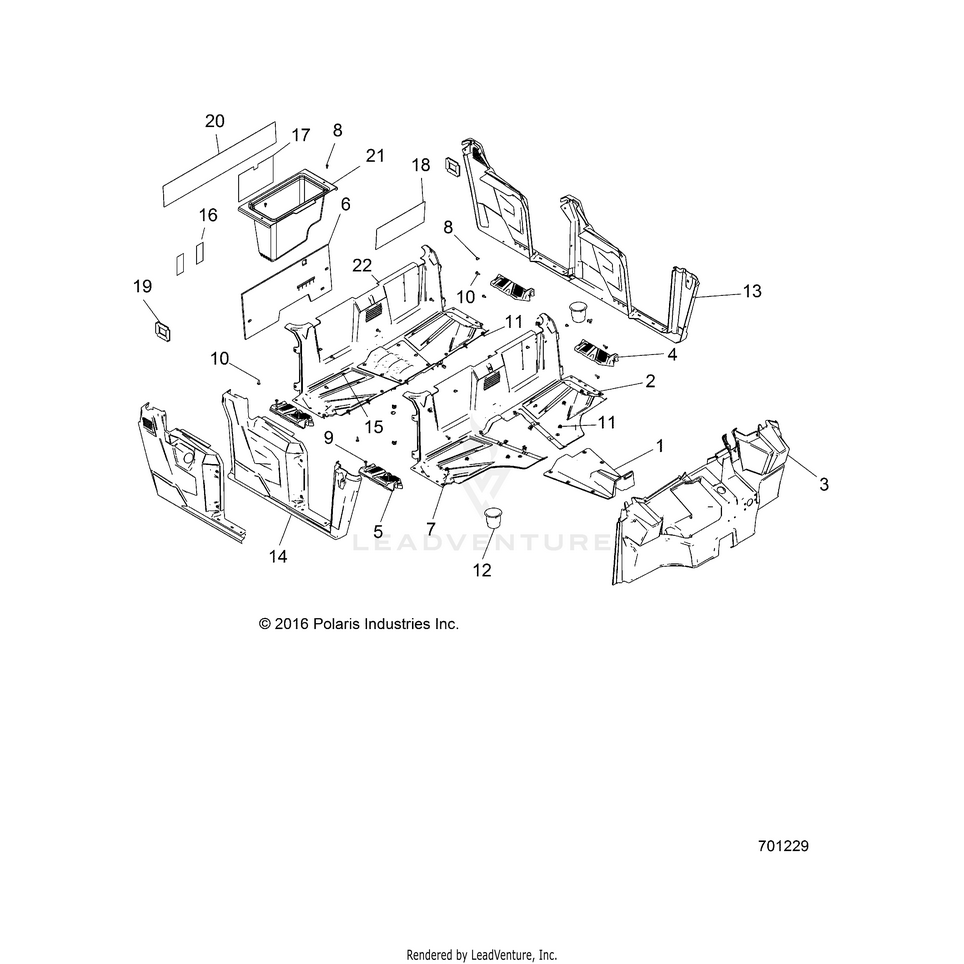 An Image of a Genuine Polaris Parts Schematic Diagram showing the schematic - BODY: FLOOR & FENDERS - 2017 POLARIS RANGER CREW 570 EFI