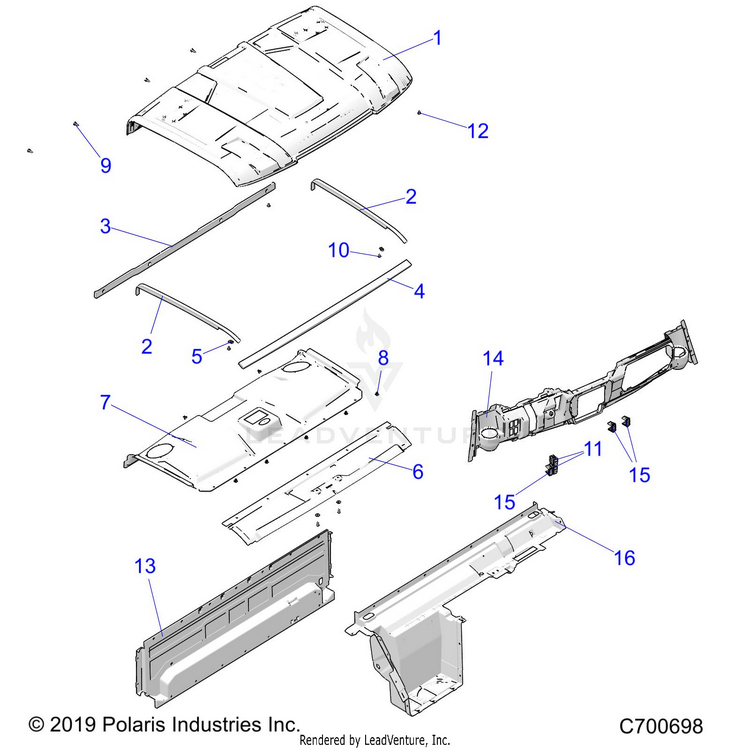 An Image of a Genuine Polaris Parts Schematic Diagram showing the schematic - OPTION: ROOF PREM PREP ROOF REAR CLOSE OFF & DASH - 2020 POLARIS RANGER XP 1000 BACK COUNTRY FACTORY CHOICE
