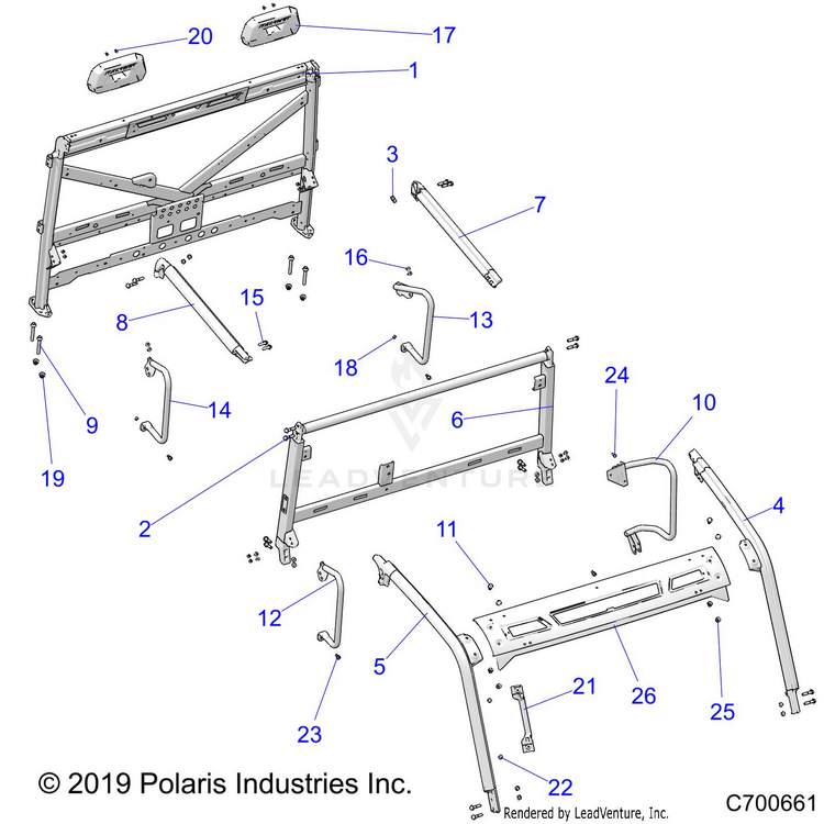 An Image of a Genuine Polaris Parts Schematic Diagram showing the schematic - CHASSIS: CAB FRAME - 2020 POLARIS RANGER CREW XP 1000 NORTHSTAR ULTIMATE