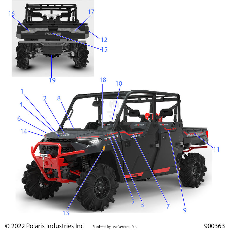 An Image of a Genuine Polaris Parts Schematic Diagram showing the schematic - BODY: DECALS GRAPHICS - 2022 POLARIS RANGER CREW XP 1000 HIGH LIFTER