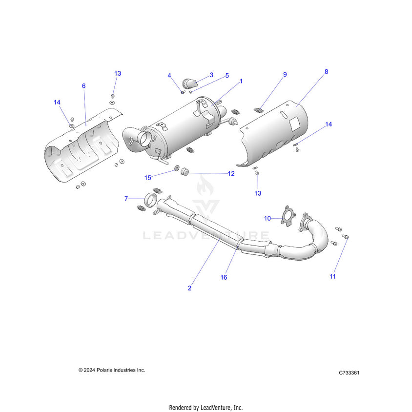 An Image of a Genuine Polaris Parts Schematic Diagram showing the schematic - ENGINE: EXHAUST SYSTEM - 2023 POLARIS RANGER 570 / PREMIUM