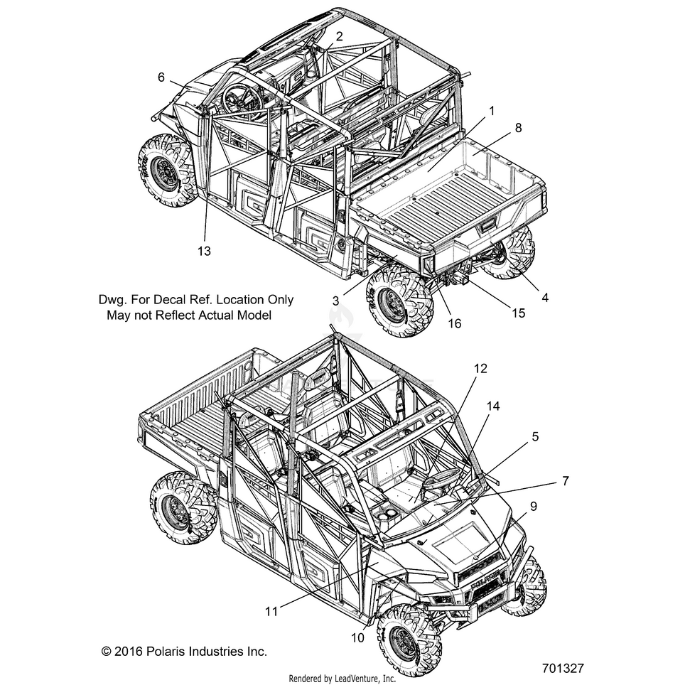 An Image of a Genuine Polaris Parts Schematic Diagram showing the schematic - BODY: DECALS - 2019 POLARIS RANGER CREW 900 EPS