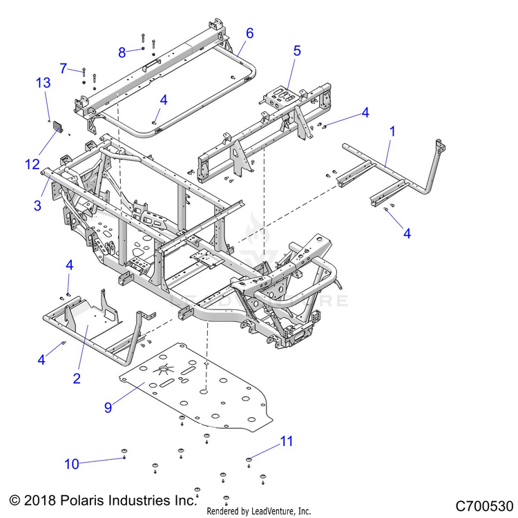 An Image of a Genuine Polaris Parts Schematic Diagram showing the schematic - CHASSIS: FRAME - 2023 POLARIS RANGER 570 FULL SIZE