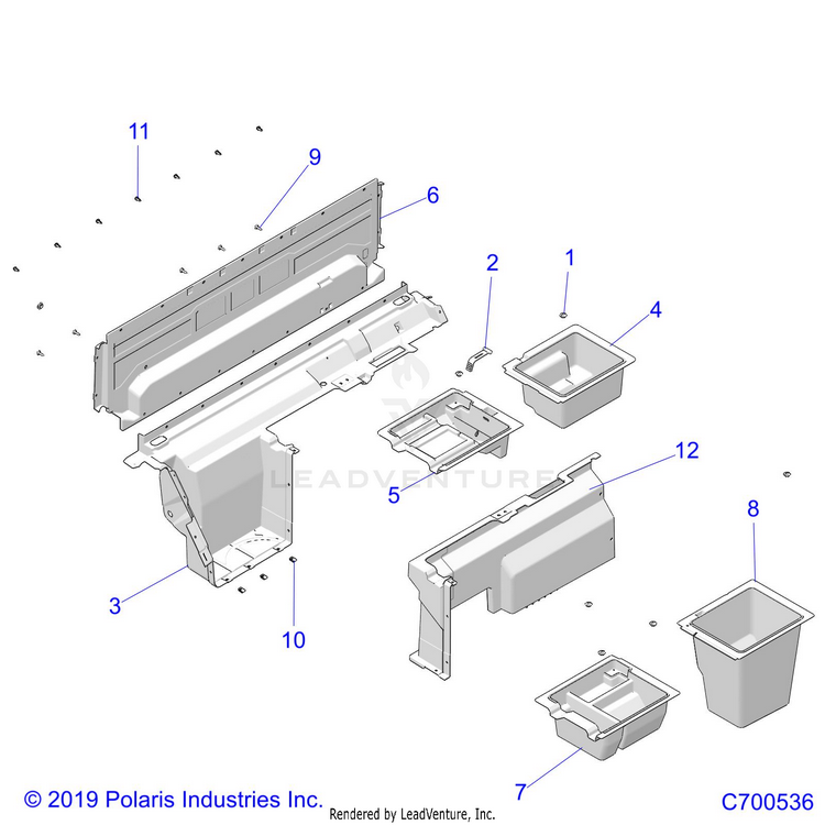 An Image of a Genuine Polaris Parts Schematic Diagram showing the schematic - BODY: REAR CLOSEOFF/STORAGE (PREM PREP ROOF) - 2019 POLARIS RANGER CREW XP 1000 NORTHSTAR FACTORY CHOICE