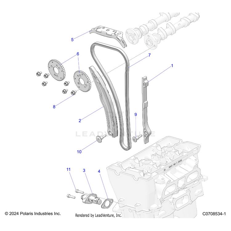 An Image of a Genuine Polaris Parts Schematic Diagram showing the schematic - ENGINE: CAM CHAIN AND TENSIONER - 2025 POLARIS XPEDITION ADV NORTHSTAR