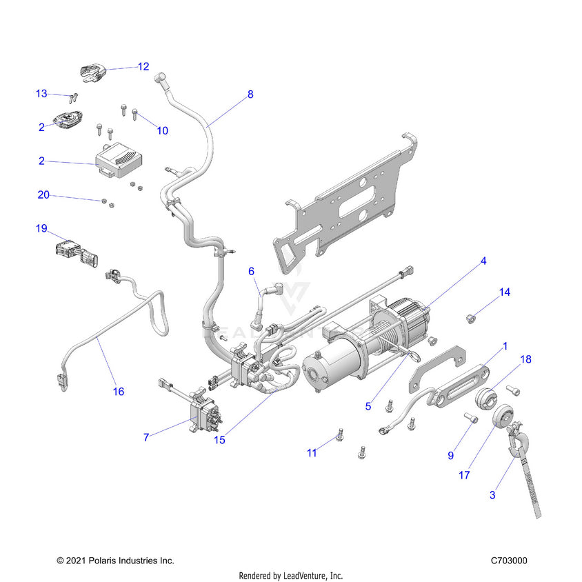 An Image of a Genuine Polaris Parts Schematic Diagram showing the schematic - BODY: WINCH - 2022 POLARIS RANGER CREW XP 1000 BIG GAME EVAP