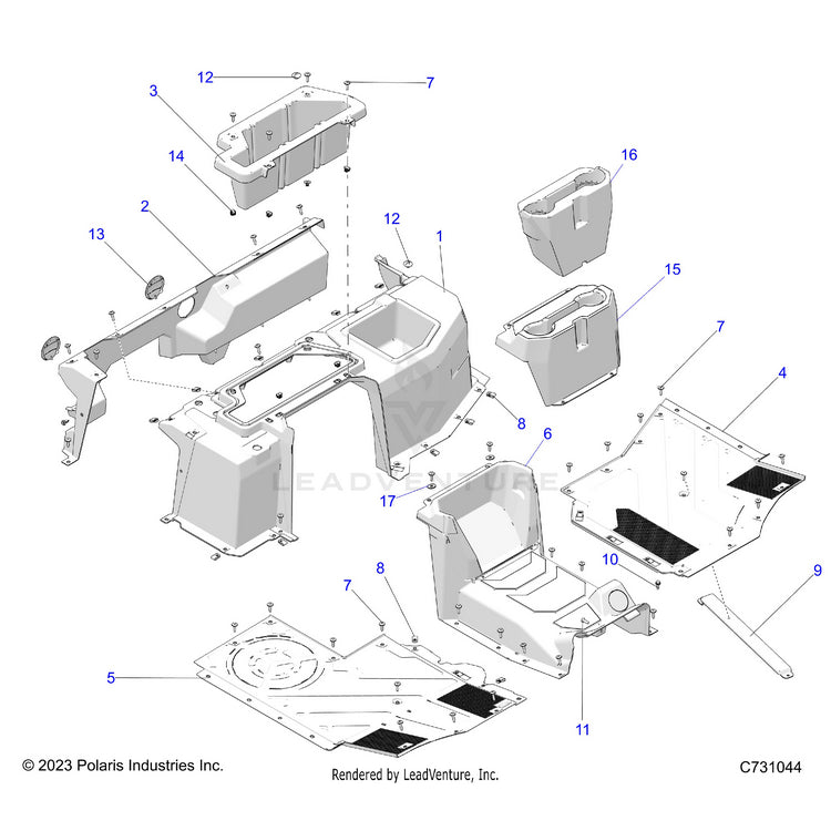 An Image of a Genuine Polaris Parts Schematic Diagram showing the schematic - BODY: FRONT FLOOR & CLOSEOFF - 2024 POLARIS RANGER XD 1500 PREMIUM CREW