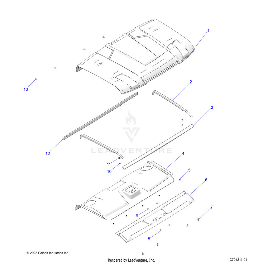 An Image of a Genuine Polaris Parts Schematic Diagram showing the schematic - BODY: ROOF - 2025 POLARIS RANGER 1000 XP NORTHSTAR ULTIMATE
